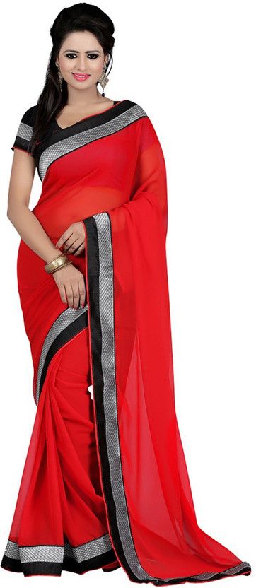 Solid/Plain Daily Wear Handloom Chiffon Saree  (Red)