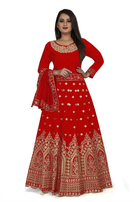 Cotton Silk Semi Stitched Anarkali Gown  (Red)