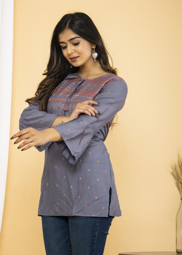 Party Layered Printed Women Grey Top