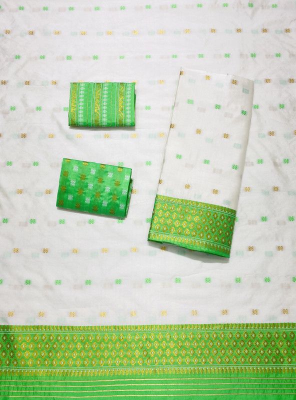 Mekhela Chador Silk Blend Saree  (Light Green)