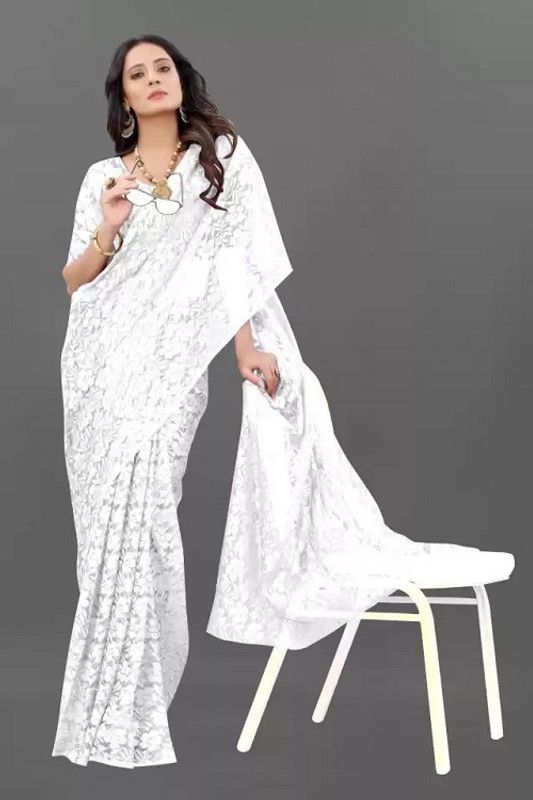 Self Design Bollywood Jacquard Saree  (White)