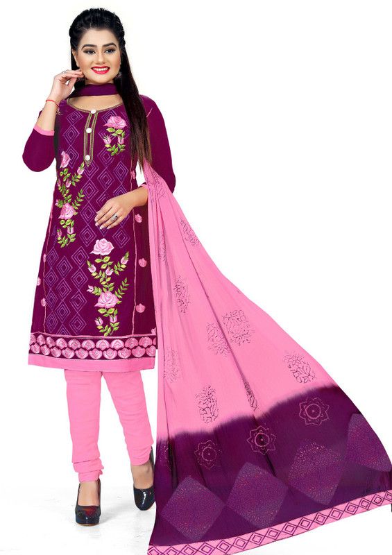 Unstitched Pure Cotton Kurta & Churidar Material Solid, Embroidered, Printed