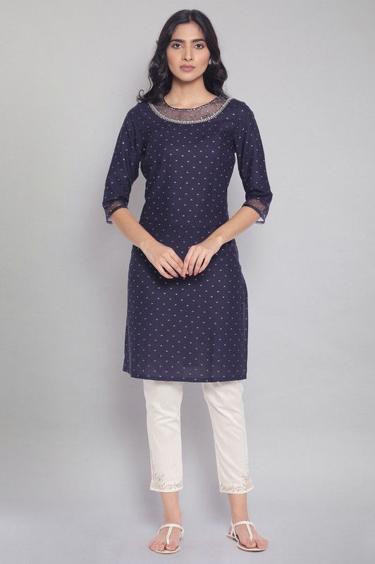 Women Woven Design Viscose Rayon Straight Kurta  (Dark Blue)