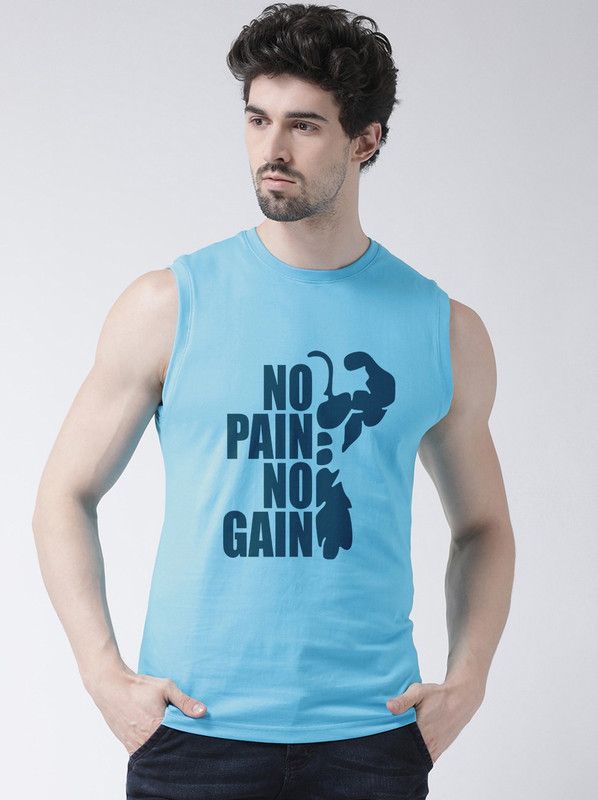 Men Typography Round Neck Cotton Blend Light Blue T-Shirt