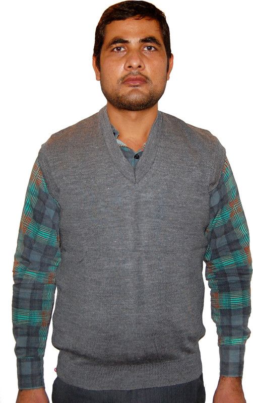 Men Solid, Self Design V Neck Grey Sweater