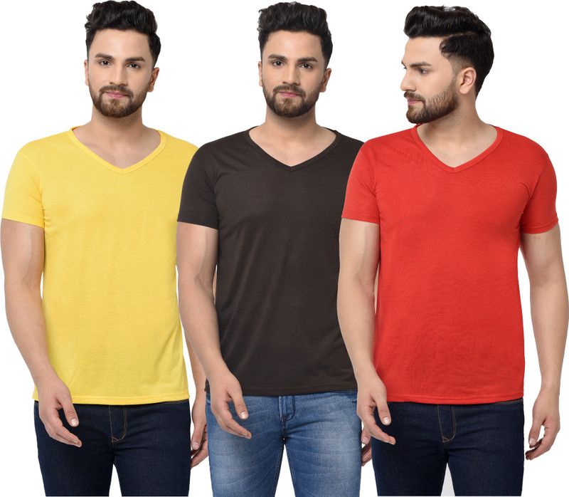 Pack of 3 Men Solid V Neck Cotton Blend Red, Black, Yellow T-Shirt