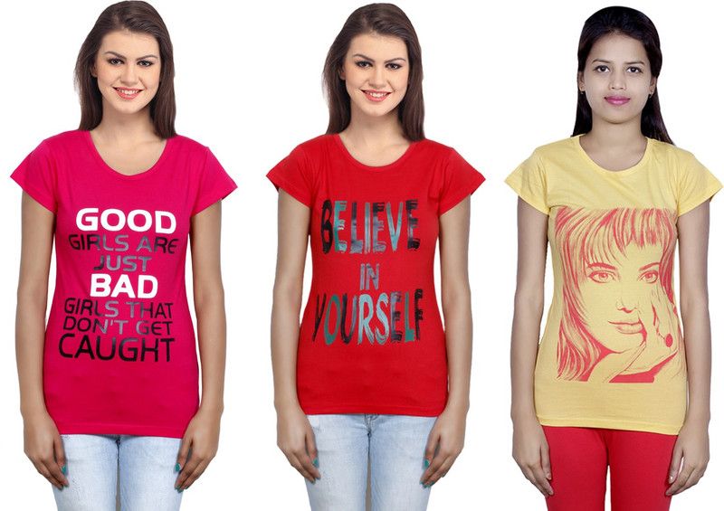 Pack of 3 Women Printed Round Neck Cotton Blend Red, Pink, Yellow T-Shirt