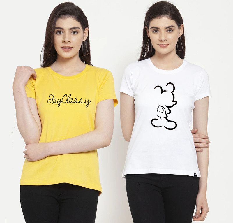 Printed Women Yellow, White T-Shirt  (Pack of 2)