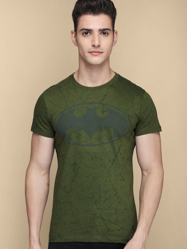 Batman Men Printed Round Neck Pure Cotton Green T-Shirt
