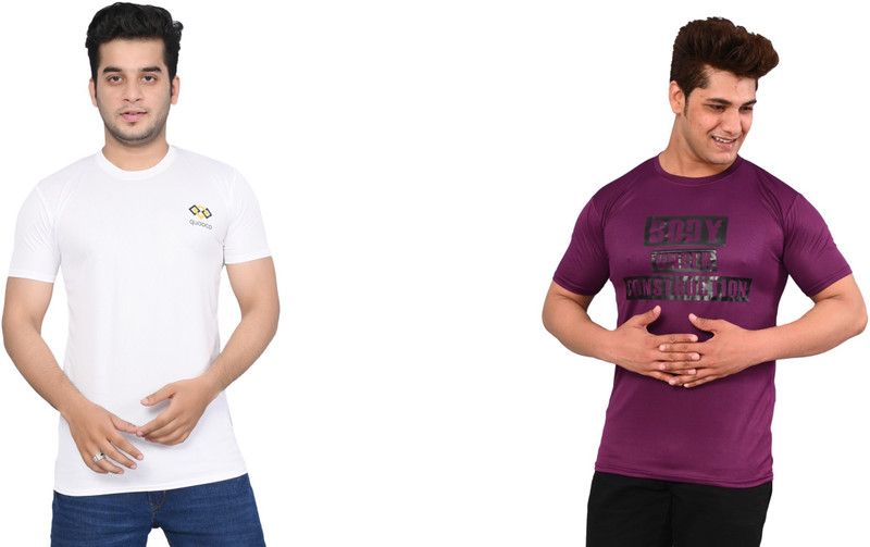 Pack of 2 Men Printed Round Neck Elastane Purple, White T-Shirt