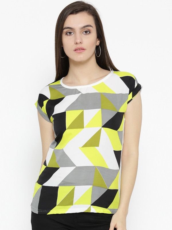Casual Cap Sleeves Geometric Print Women Multicolor Top