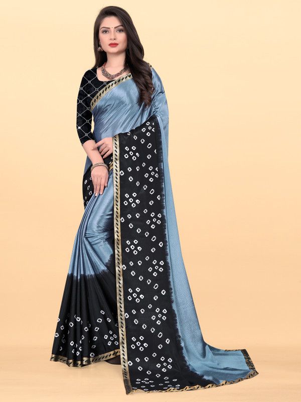 Embellished, Ombre, Paisley, Geometric Print Bandhani Silk Blend Saree  (Grey, Black)