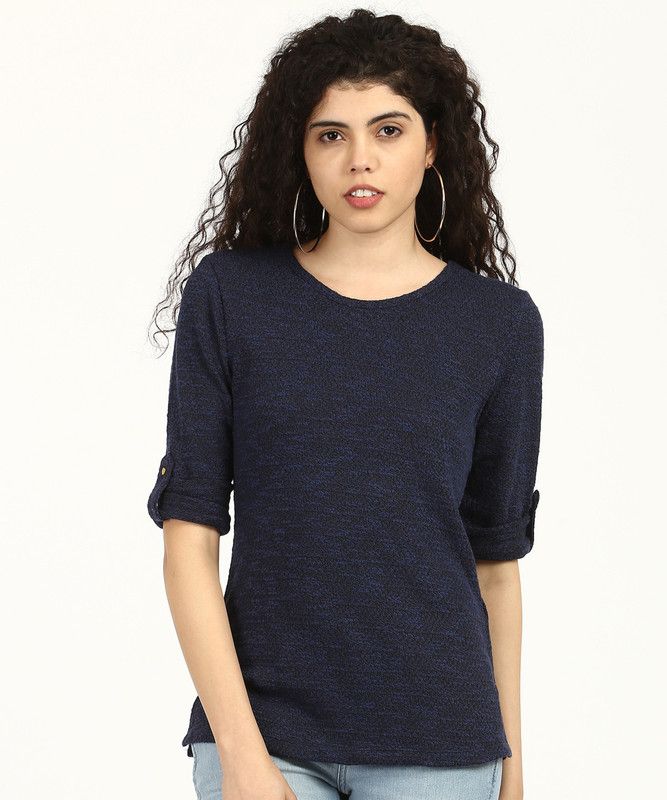 Casual Roll Up Sleeves Self Design Women Dark Blue Top