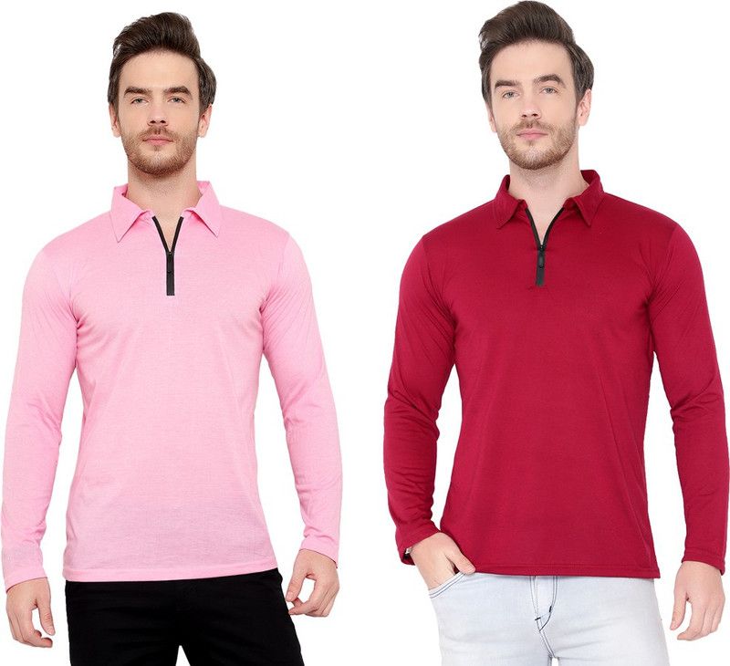 Pack of 2 Men Solid Polo Neck Cotton Blend Maroon, Pink T-Shirt