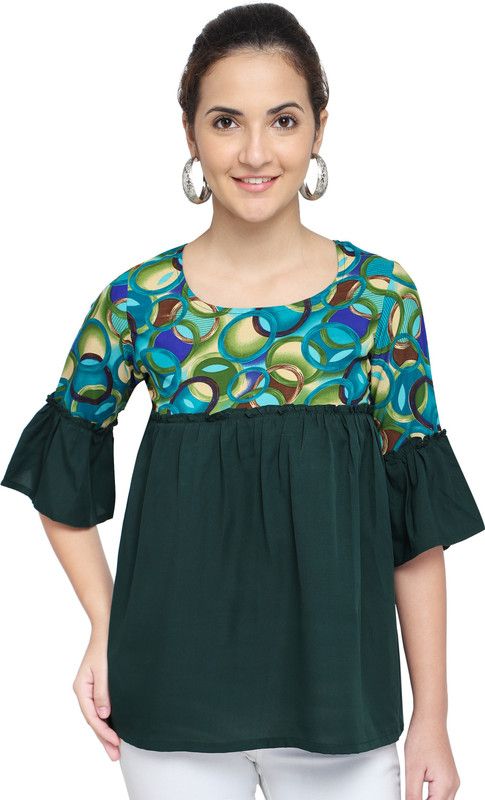 Party Bell Sleeves Color Block Women Green Top