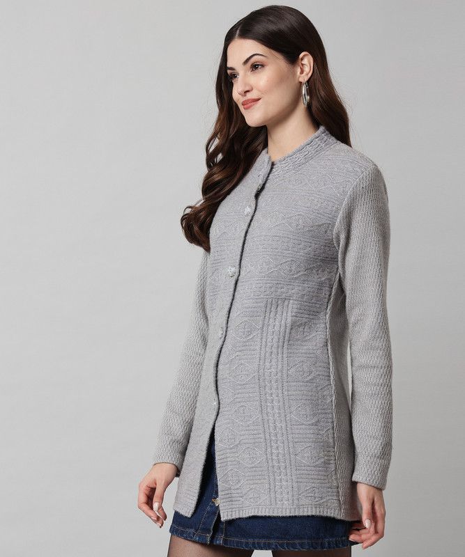 Women Woven Round Neck Grey Sweater