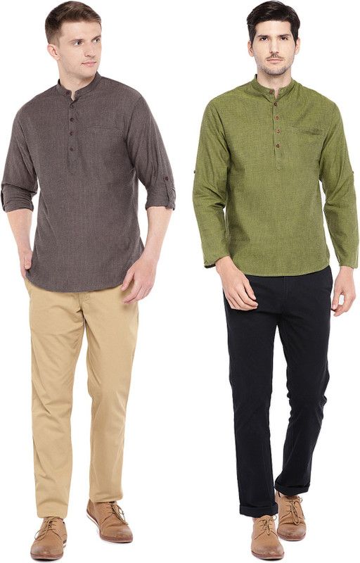 Pack of 2 Men Self Design Pure Cotton Straight Kurta  (Green, Brown)