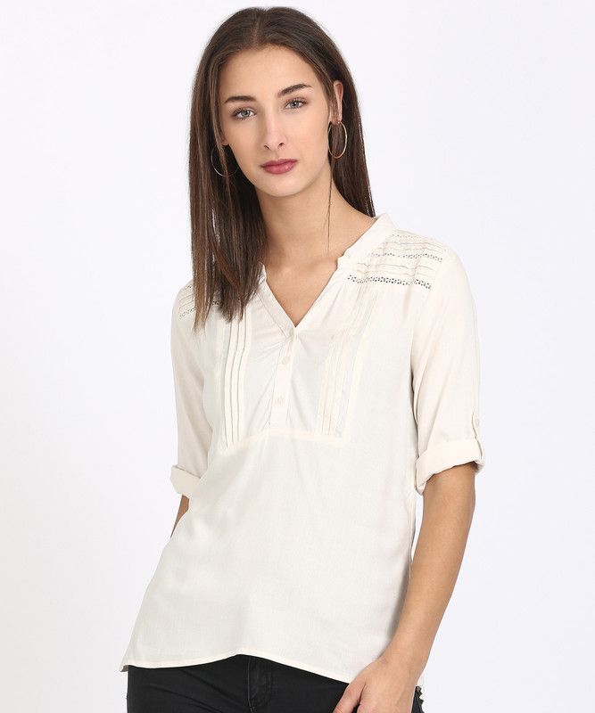 Casual Roll Up Sleeves Self Design Women White Top