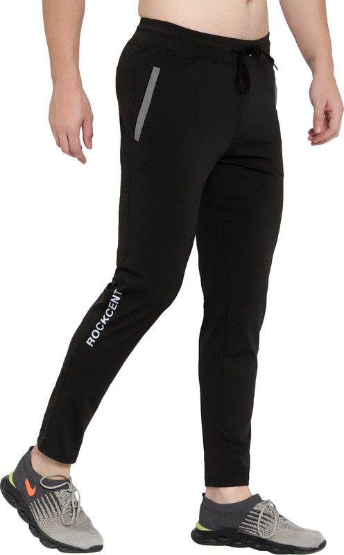 Sportswear Gymwear Casualwear Lycra Trackpant side Zipper Pockets Men Solid Black Track Pants