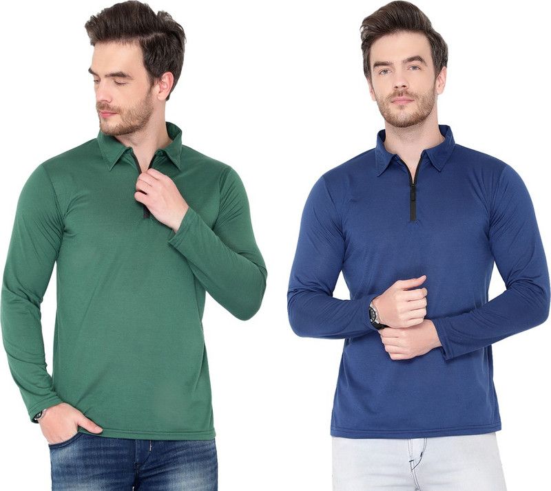 Pack of 2 Men Solid Polo Neck Cotton Blend Dark Green, Light Blue T-Shirt