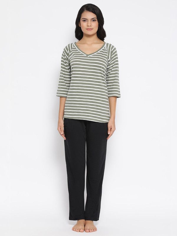 Women Top & Pyjama Set Green Striped