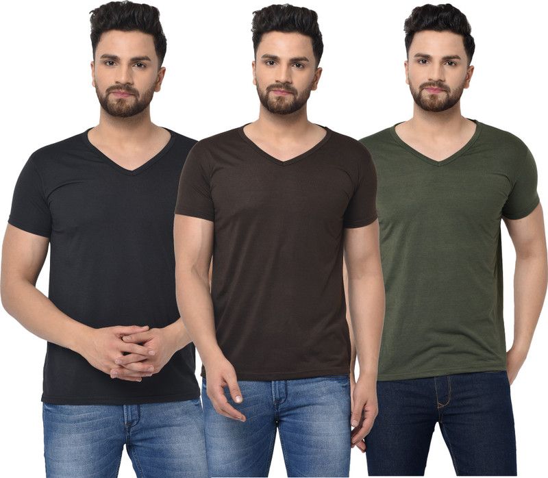 Pack of 3 V Neck T-Shirt Combo of 3 Men Solid V Neck Cotton Blend Dark Green, Brown, Black T-Shirt