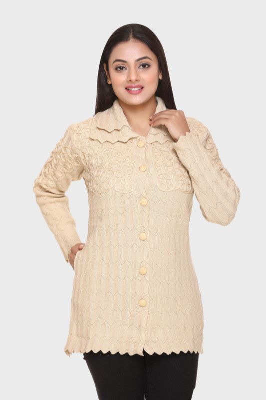 Women Embroidered Collared Neck Beige Sweater