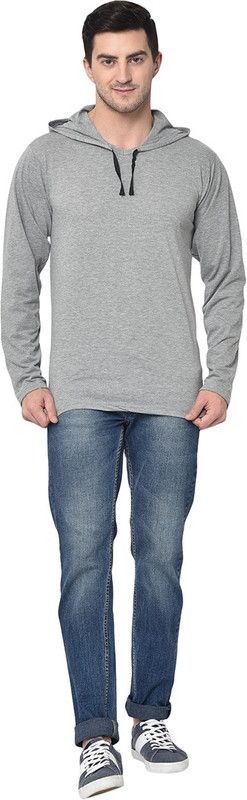 Men Solid Hooded Neck Cotton Blend Silver T-Shirt