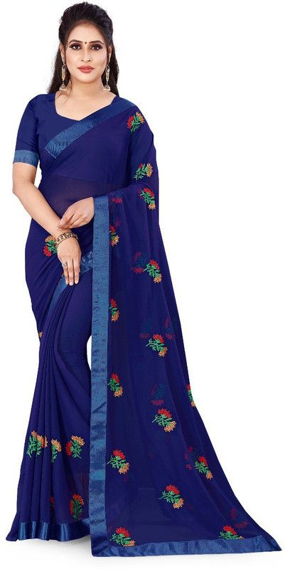 Embroidered Chinnalapattu Georgette Saree  (Blue)