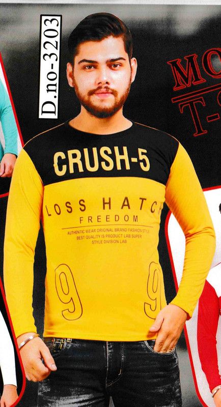 Men Abstract Round Neck Cotton Blend Yellow T-Shirt