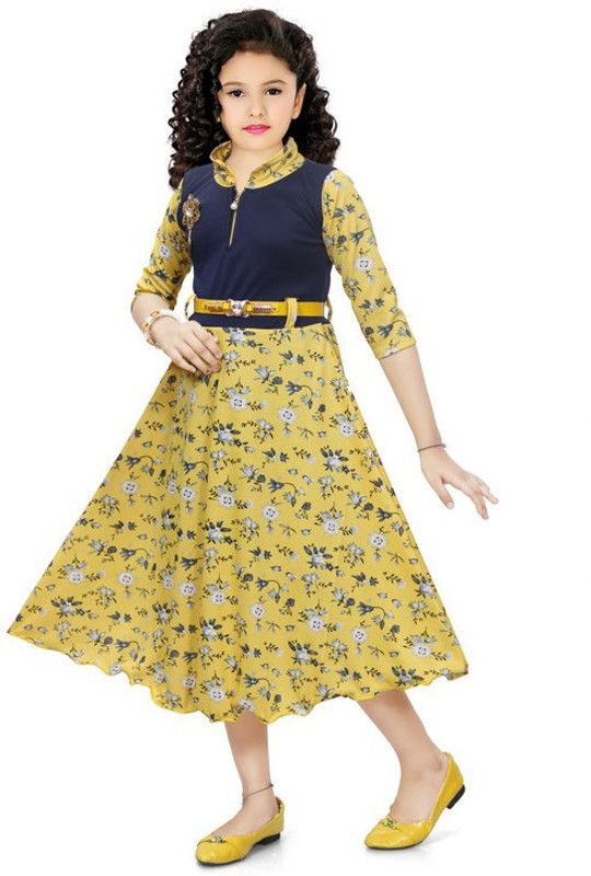 Girls Calf Length Party Dress  (Yellow, 3/4 Sleeve)