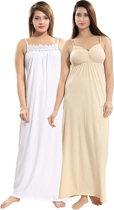 Pack of 2 Women Nighty  (White, Beige)