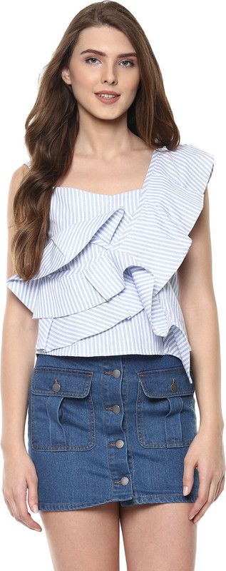 Casual Shoulder Straps Striped Women Blue Top