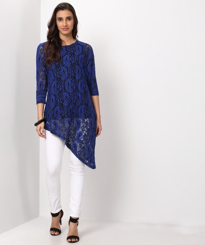 Casual Regular Sleeves Lace Women Blue, Black Top