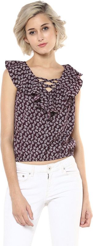 Casual Sleeveless Floral Print Women Brown Top