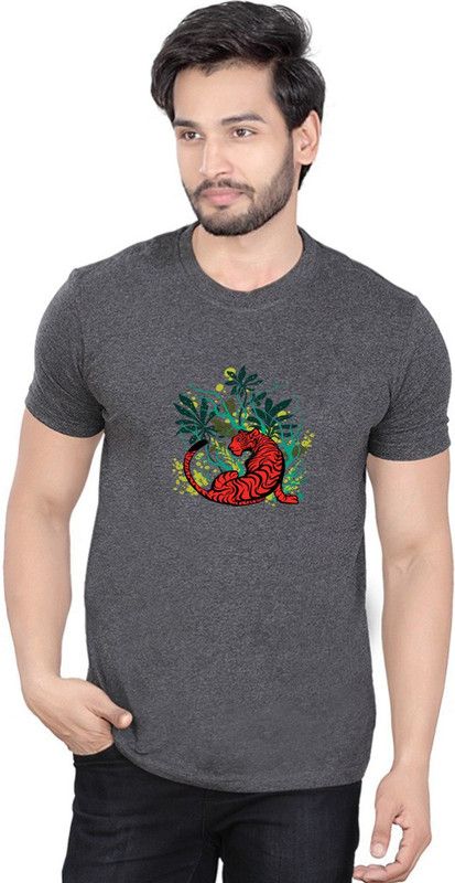KrissXross Men's 100 % Cotton 180GSM Premium Bio washed (THE WILD TIGER) Artisted DTG Graphic Printed Tshirt Men Graphic Print Round Neck Cotton Blend Grey T-Shirt