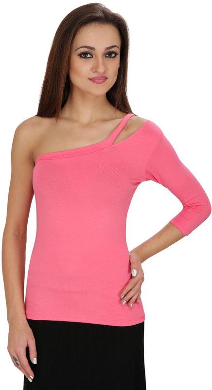 Party One Shoulder Sleeves Solid Women Pink Top