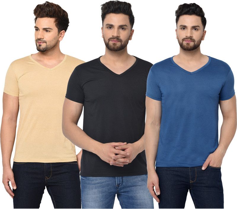 Pack of 3 V neck Combo T-shirts Multicolor Men Solid V Neck Cotton Blend Blue, Black, Beige T-Shirt
