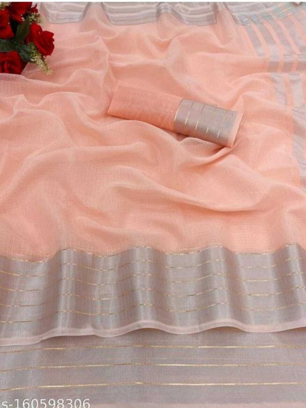 Embellished Daily Wear Cotton Blend, Cotton Linen Saree  (Orange)