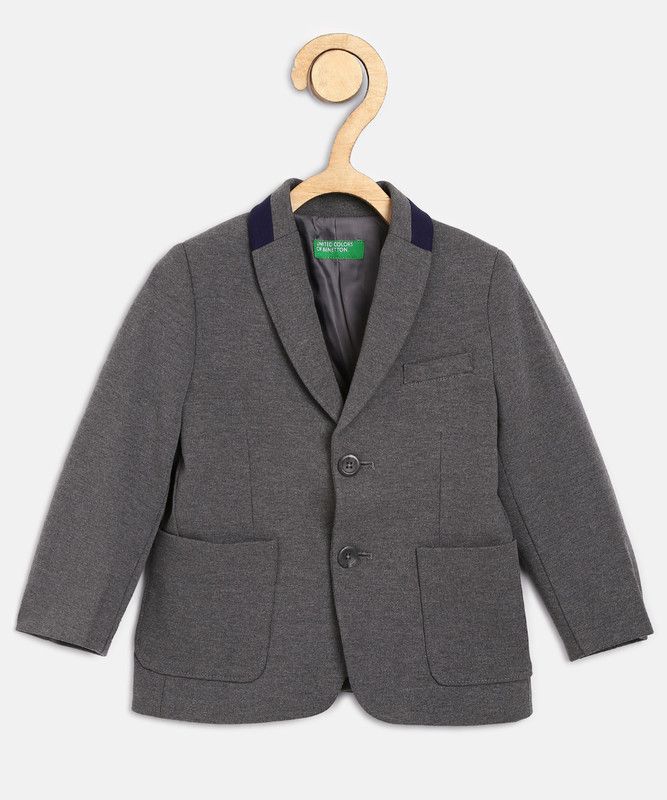 Boys Solid Single Breasted Casual Blazer  (Grey)