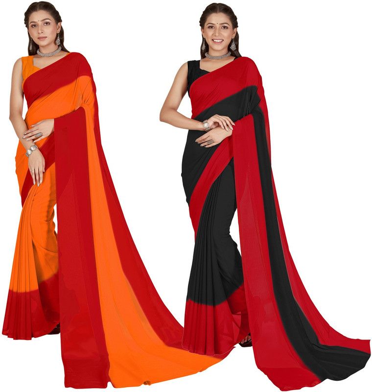 Fashion Georgette Saree  (Pack of 2, Red, Black, Mustard)