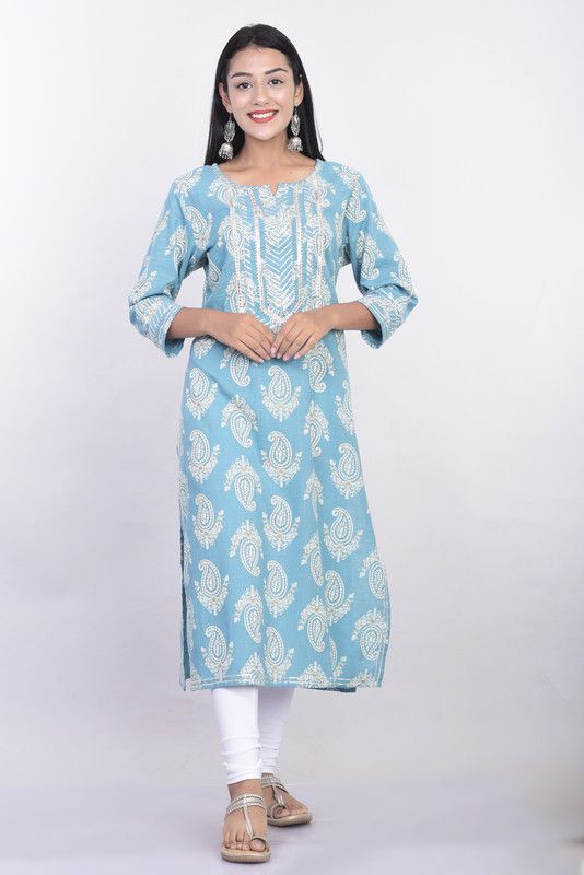Women Printed Pure Cotton Straight Kurta  (Light Blue, White)
