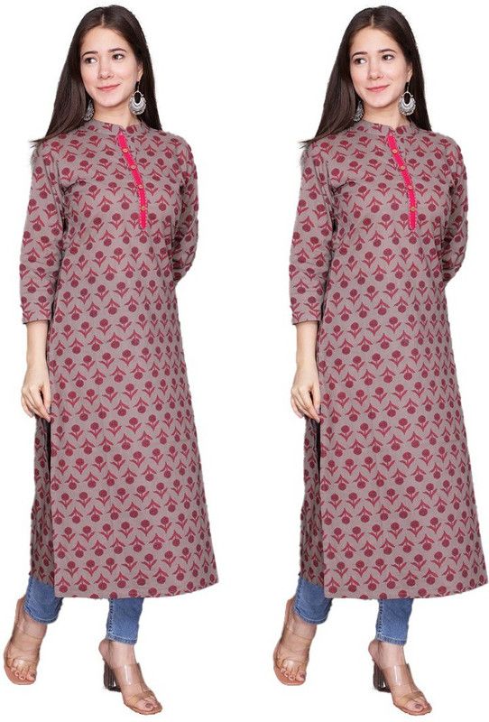 Pack of 2 Women Floral Print Cotton Blend Straight Kurta  (Maroon, Grey)