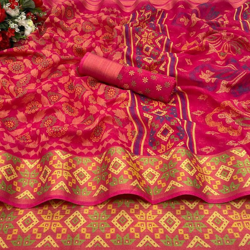 Printed Ikkat Cotton Blend Saree  (Yellow)