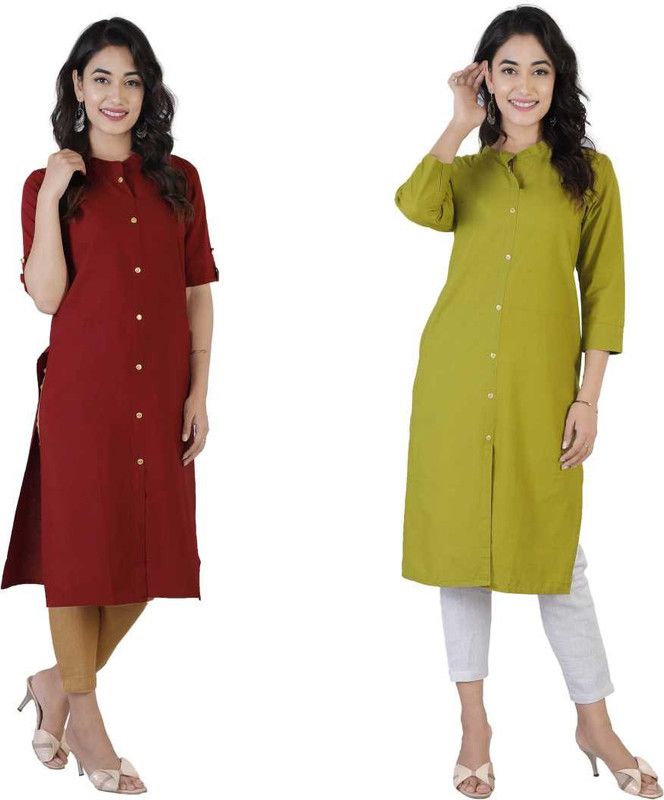 Pack of 2 Women Solid Pure Cotton Straight Kurta  (Green, Maroon)