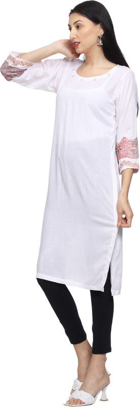 Women Solid Viscose Rayon, Cotton Blend Straight Kurta  (White)