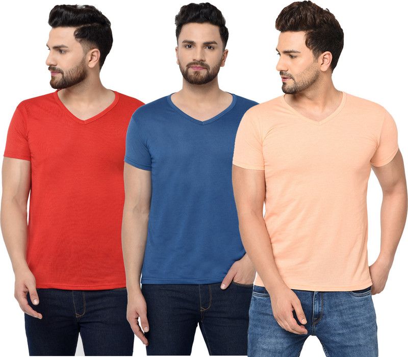 Pack of 3 V neck Combo T-shirts Multicolor Men Solid V Neck Cotton Blend Red, Blue, Orange T-Shirt