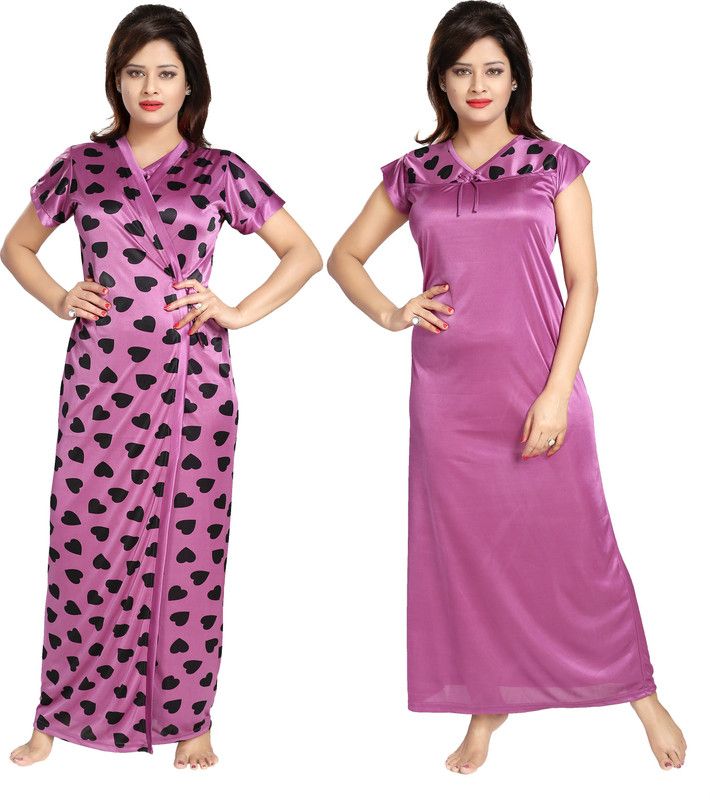 Pack of 2 Women Nighty with Robe  (Purple, Black)
