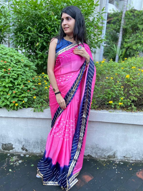 Bandhani Silk Blend Saree  (Pink, Dark Blue)