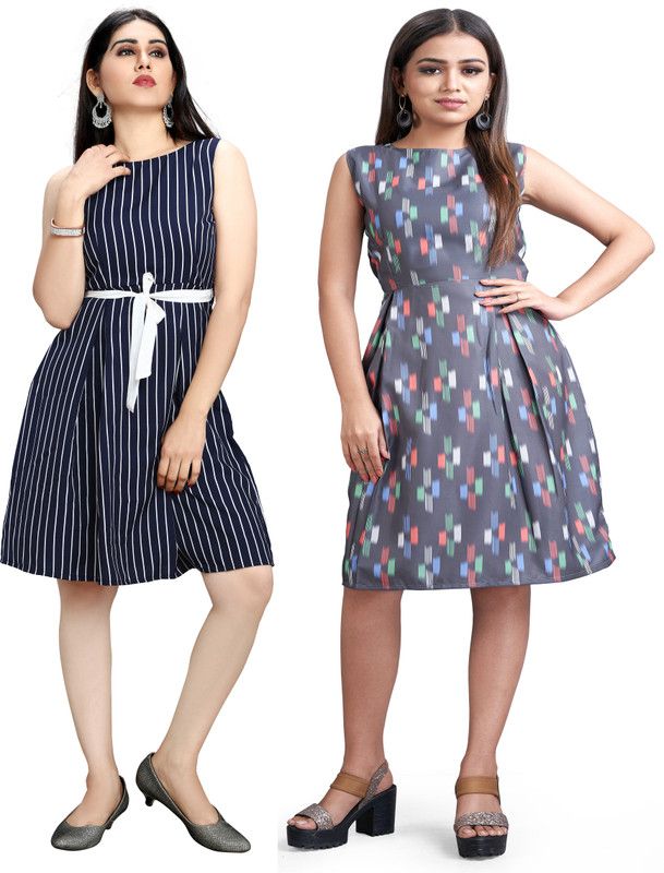 Women Fit and Flare Blue, Grey Dress